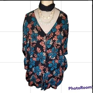 California Krush 3X ButtonUp Top Tropical Shirt Tourquoise Rust Black Ribbed